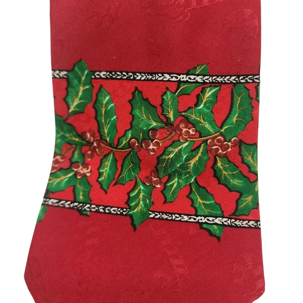 Vintage Hallmark Yule Tie Greetings Christmas Holly Candy Cane Red Silk Tie USA